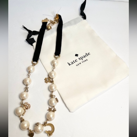 KATE SPADE Faux Pearl & Black Velvet Gold Crystal-Studded Charm Necklace NEW NWT - Picture 1 of 6